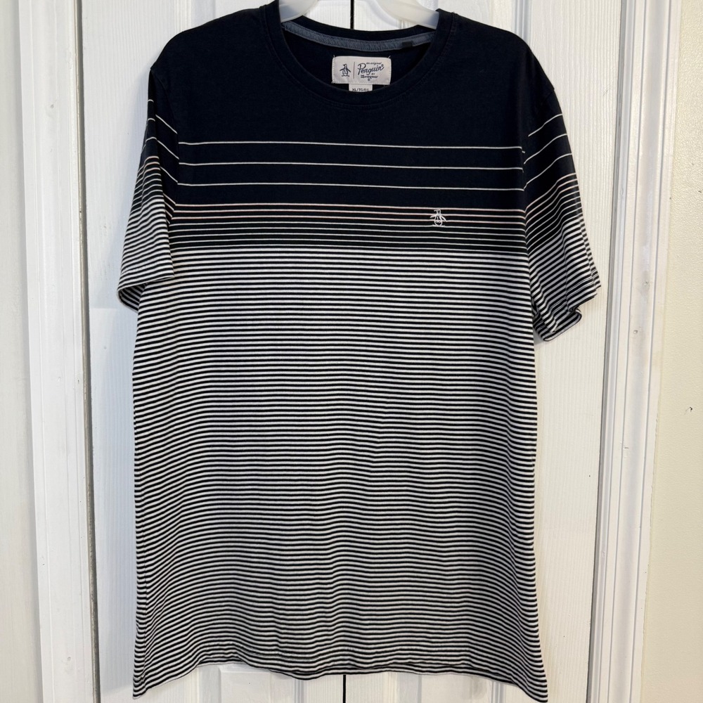 ✨Penguin Striped T-Shirt Crew Neck Short Sleeve Casual‎ Top Mens XL